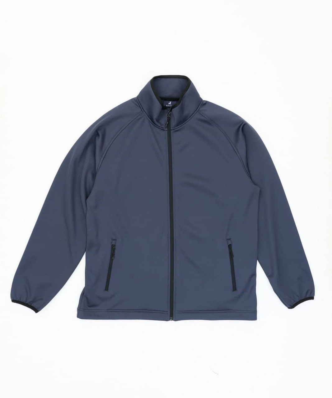 A navy soft shell jacket with a full zip and two front zip pockets. It features a zipped collar and a branded logo.