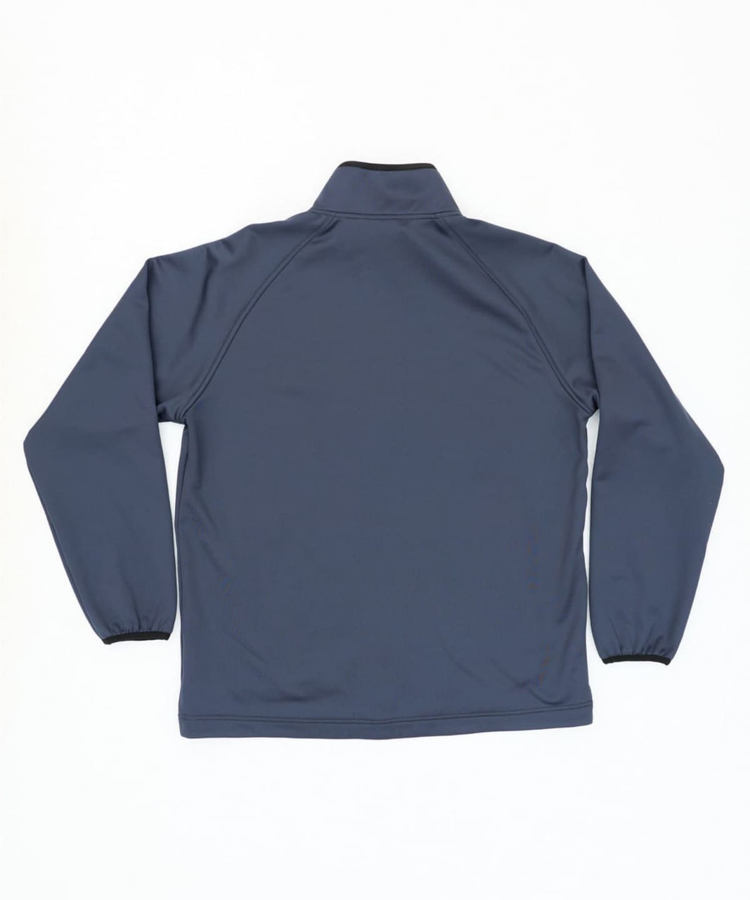 A soft shell jacket in dark blue with a high collar and elasticated cuffs, featuring a logo on the back.