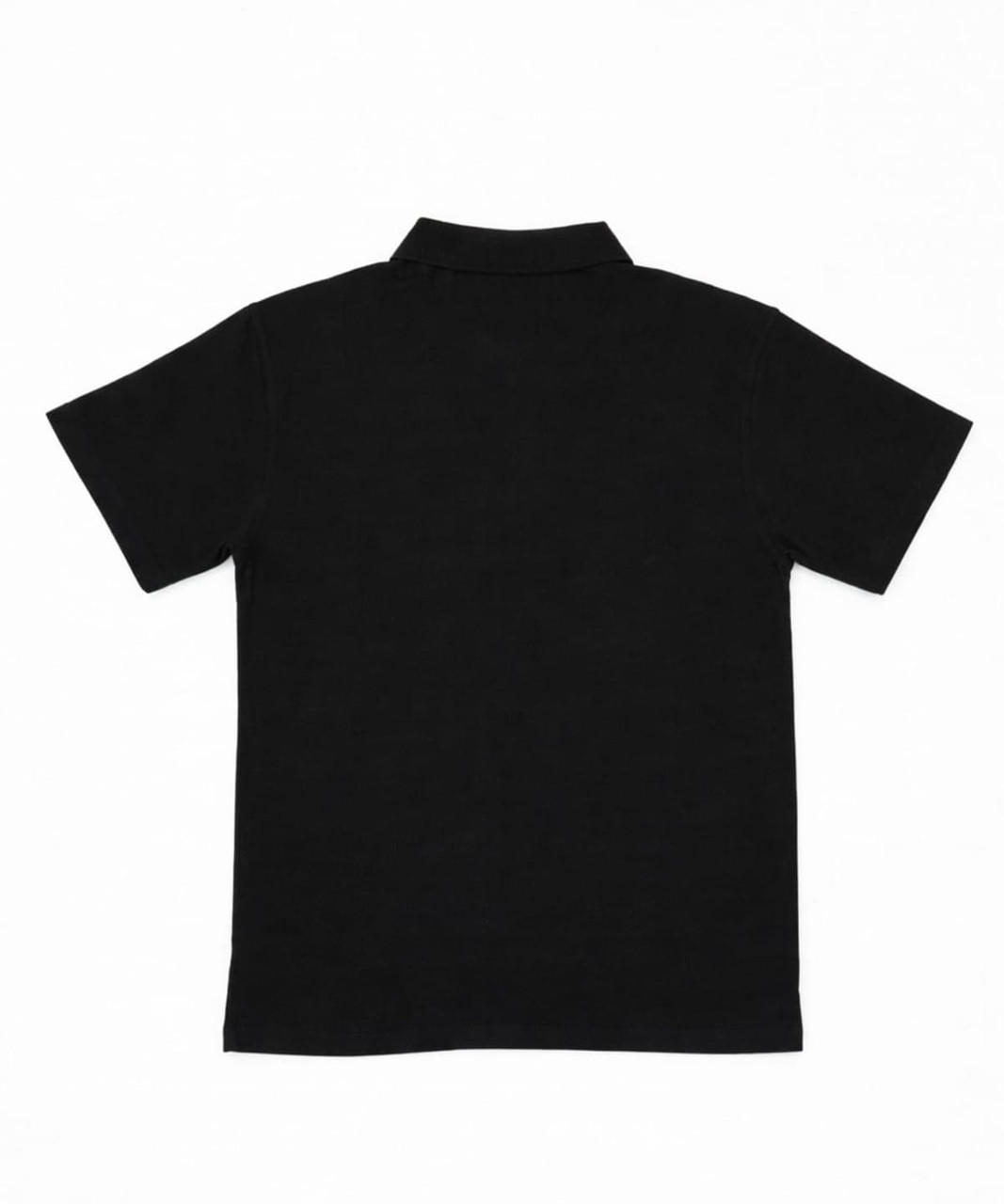 A black women's polo shirt with short sleeves and a collar, featuring a logo on the back.