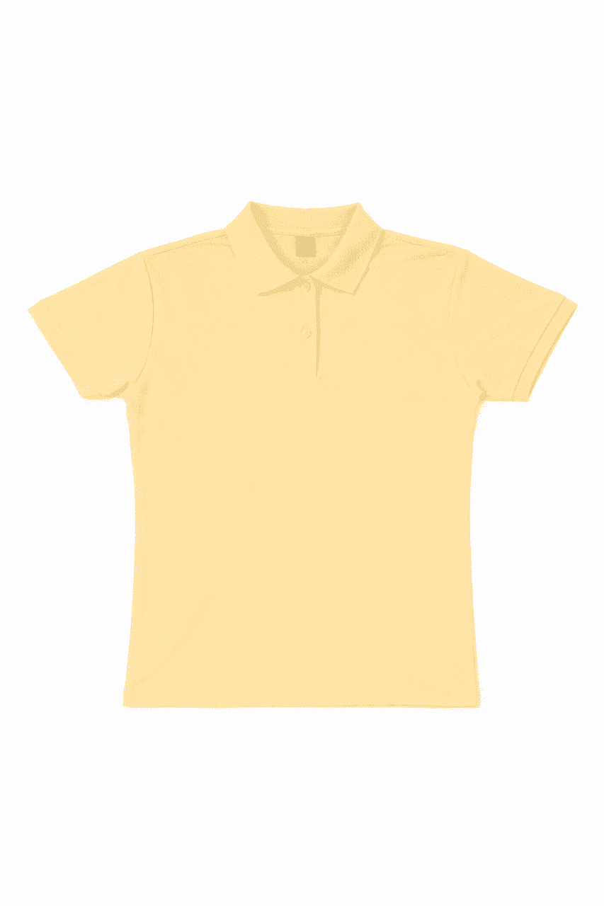A women's polo shirt in a soft yellow colour with a collar and buttons, featuring a logo.