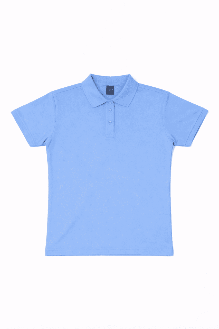 A light blue women's polo shirt with a collar and a logo on the chest.