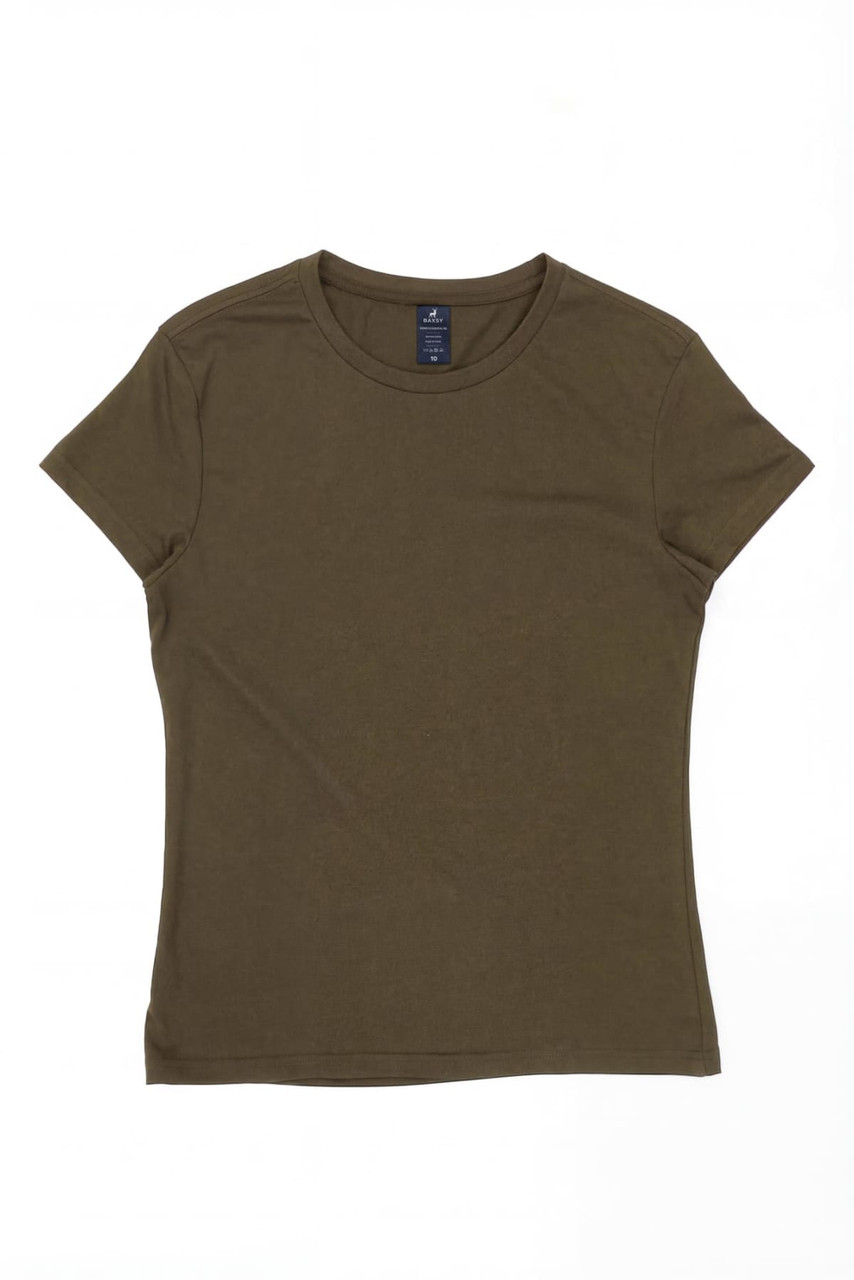 A women's essential tee in olive green with a round neckline and short sleeves, featuring a label inside.