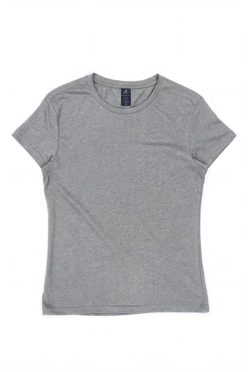 A grey women's surf tee with a fitted style and short sleeves. It features a label at the neck.