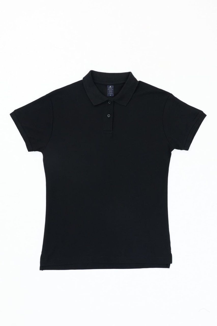A black women's polo shirt with a collar and short sleeves, featuring a logo on the chest.