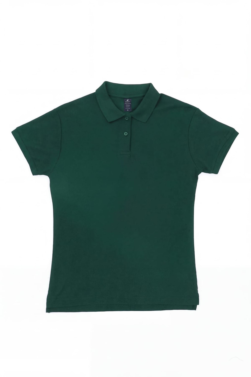 A green women's polo shirt with a classic collar and short sleeves, featuring a branded logo.