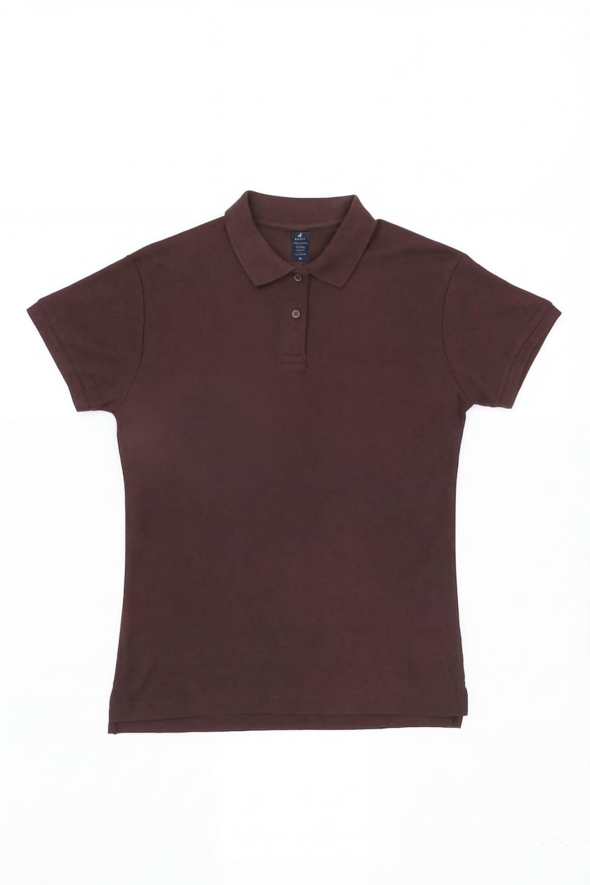 A maroon women's polo shirt with a collar and short sleeves, featuring a logo on the chest.