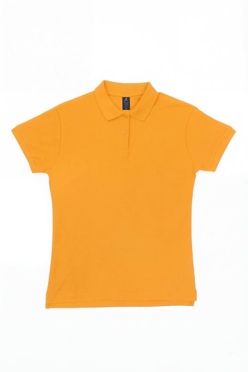 A women's polo shirt in bright orange with a collar and short sleeves, featuring a logo on the tag.