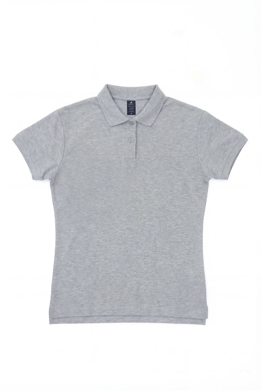 A grey women's polo shirt with short sleeves, featuring a collared neckline and a logo on the chest.