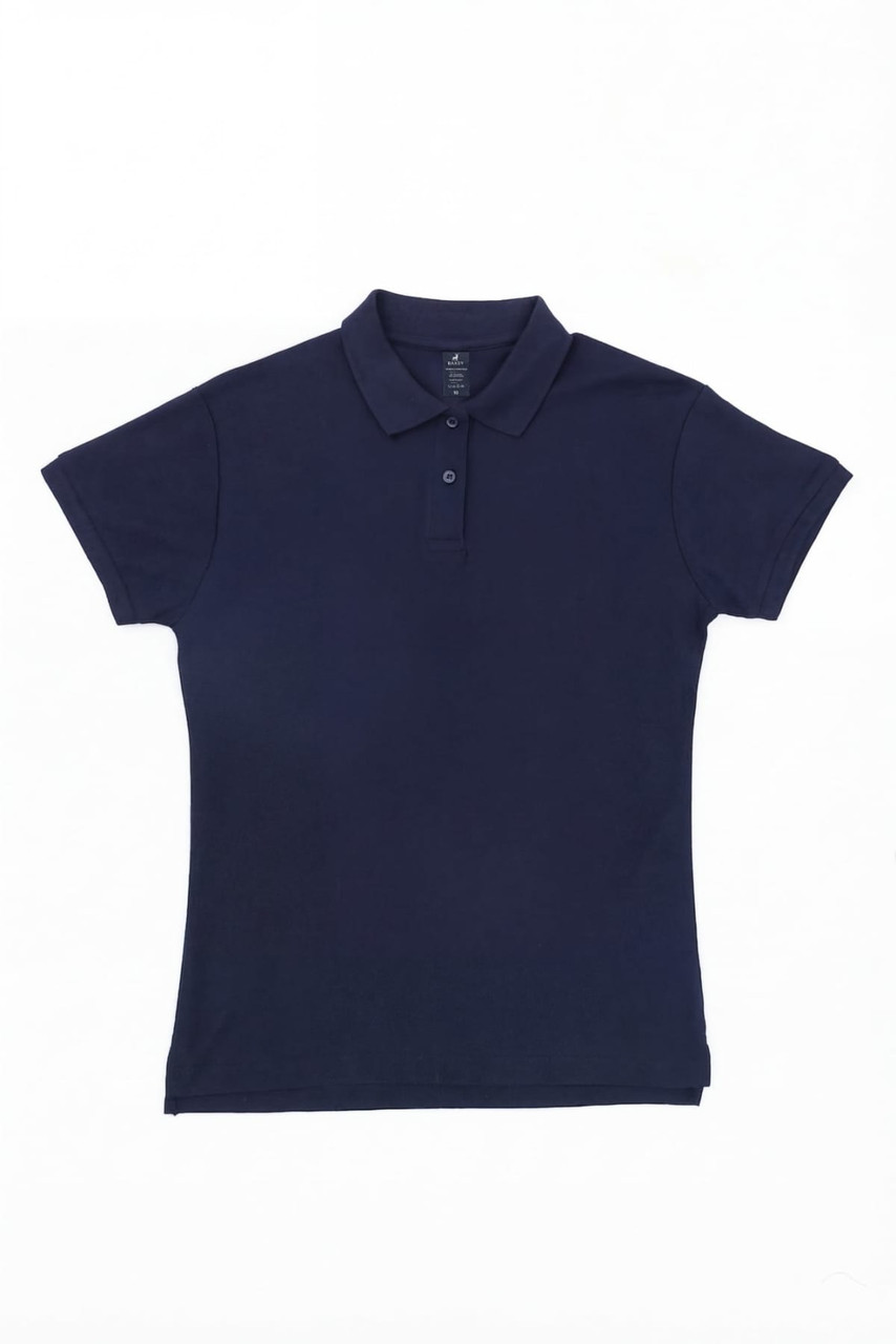 A navy blue women's polo shirt featuring a collar, short sleeves, and a button placket. It has a logo on the chest.
