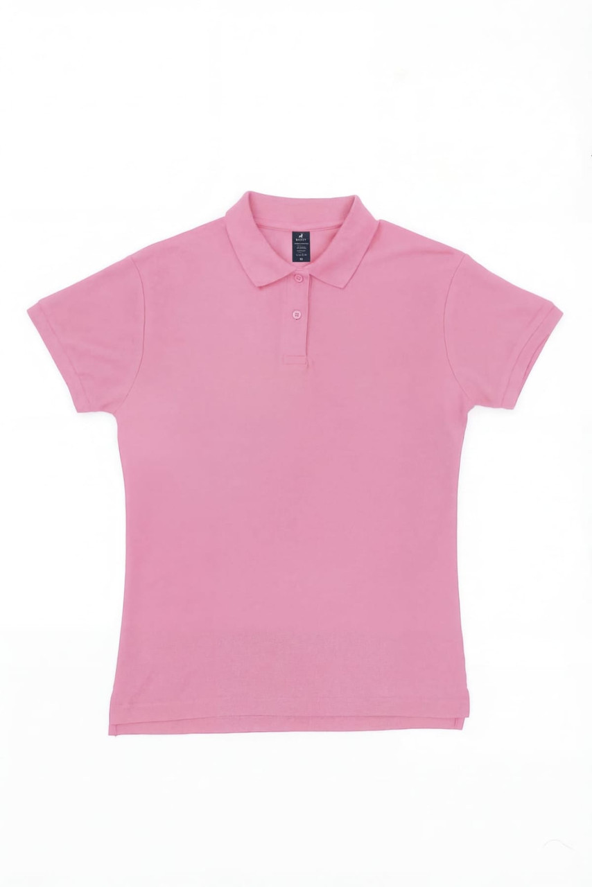 A pink women's polo shirt with a collar and short sleeves, featuring a logo.