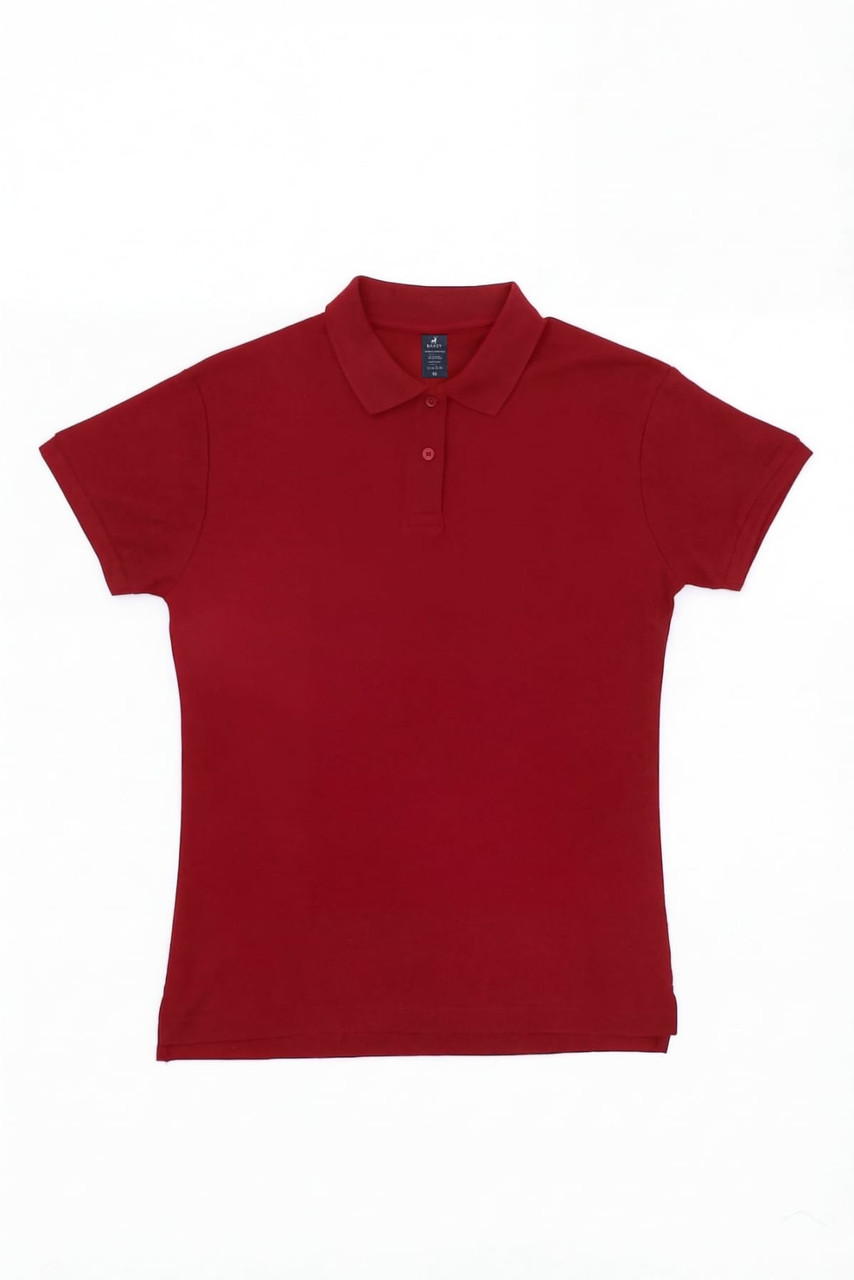 A red women's polo shirt with short sleeves and a collar, featuring a logo on the chest.