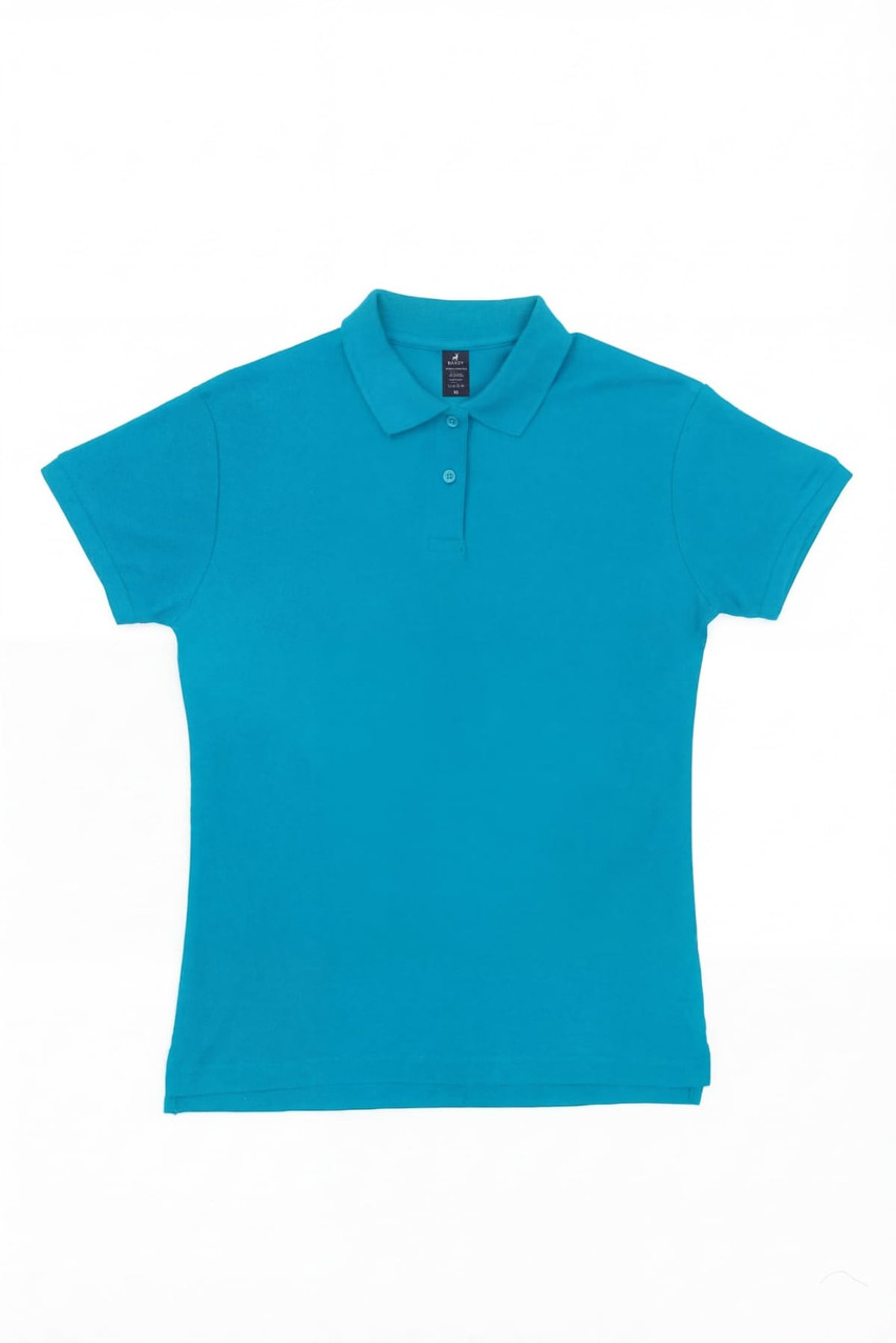 A turquoise women's polo shirt featuring a classic collar and short sleeves, with a logo on the label.