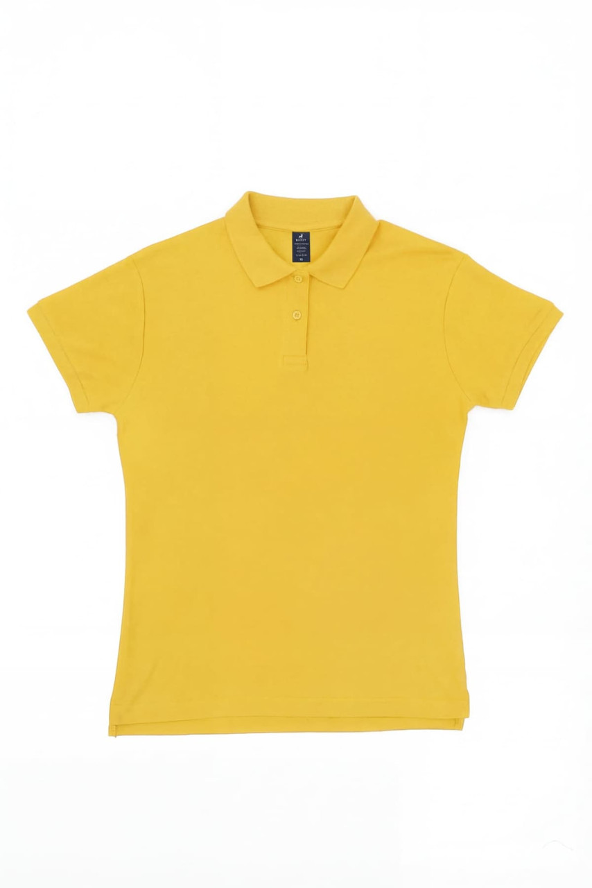A yellow women's polo shirt with a classic collar and short sleeves, featuring a logo on the front.
