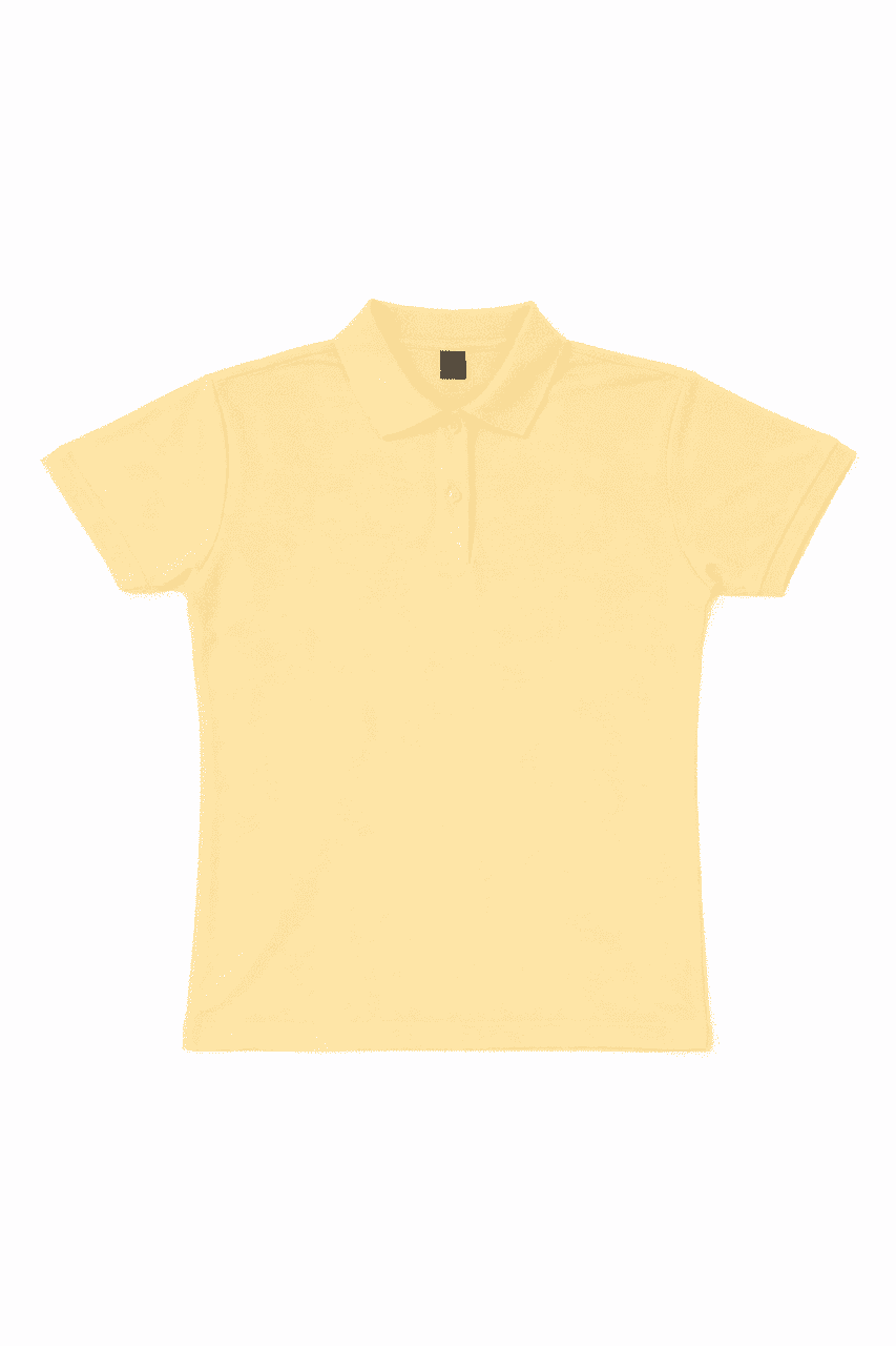 A women's polo shirt in a soft yellow colour, featuring a collar and a button placket, with a logo.