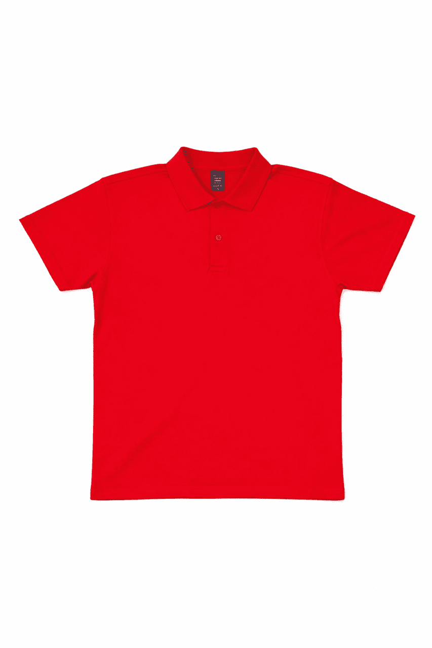 A red women's polo shirt featuring a collar and a button placket. It has a logo on the chest area.
