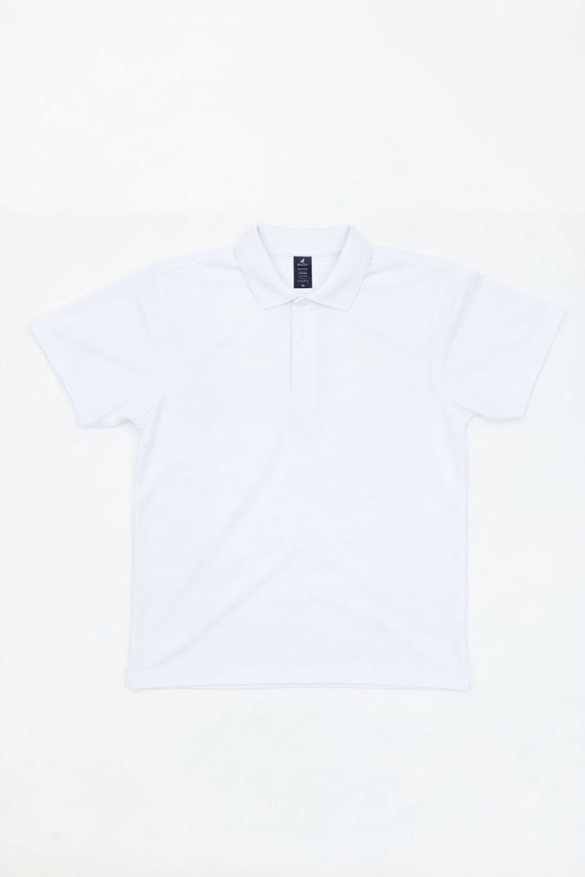 A white women's polo shirt, featuring a collar and short sleeves, with a logo on the chest.