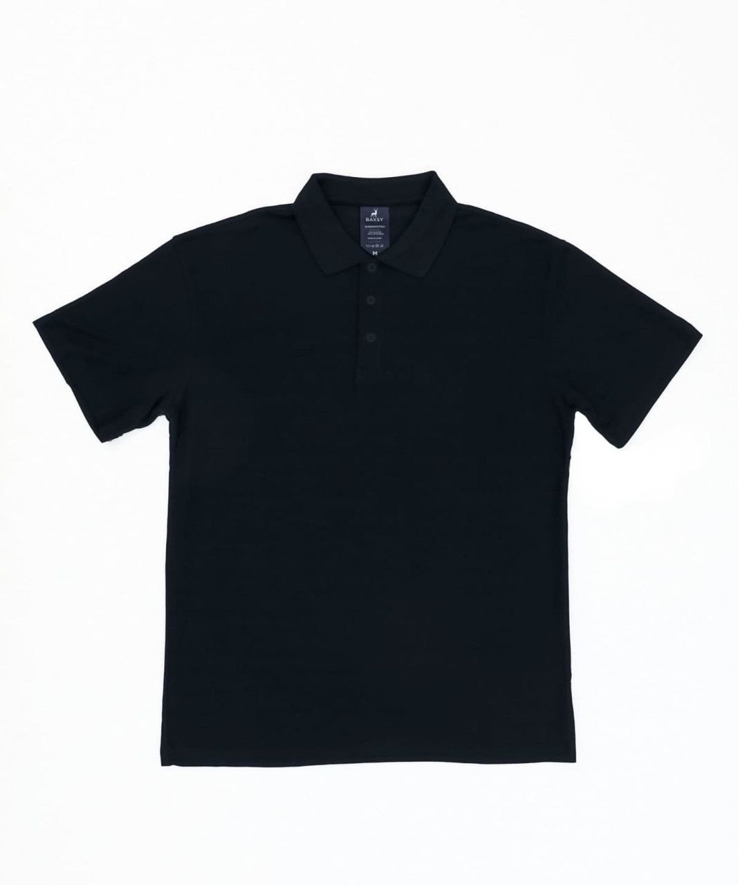 A black polo shirt featuring a collar and buttons, with a branding logo on the upper side.
