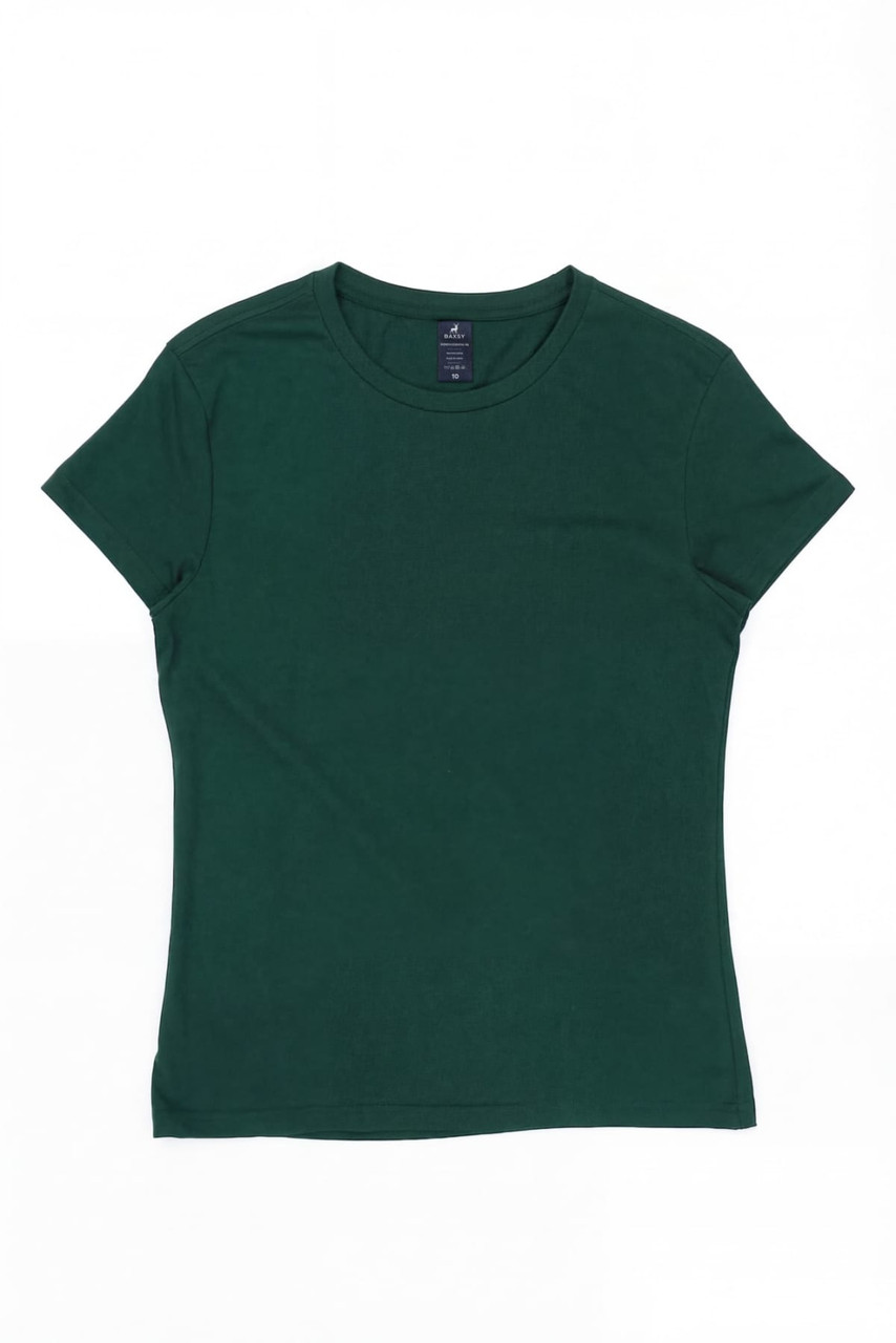 A women's surf tee in a deep green colour, featuring a fitted design and a branded label.