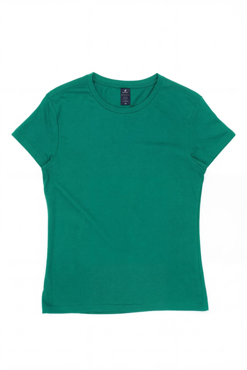 A green women's surf tee with a round neckline and short sleeves. It features a logo on the label.