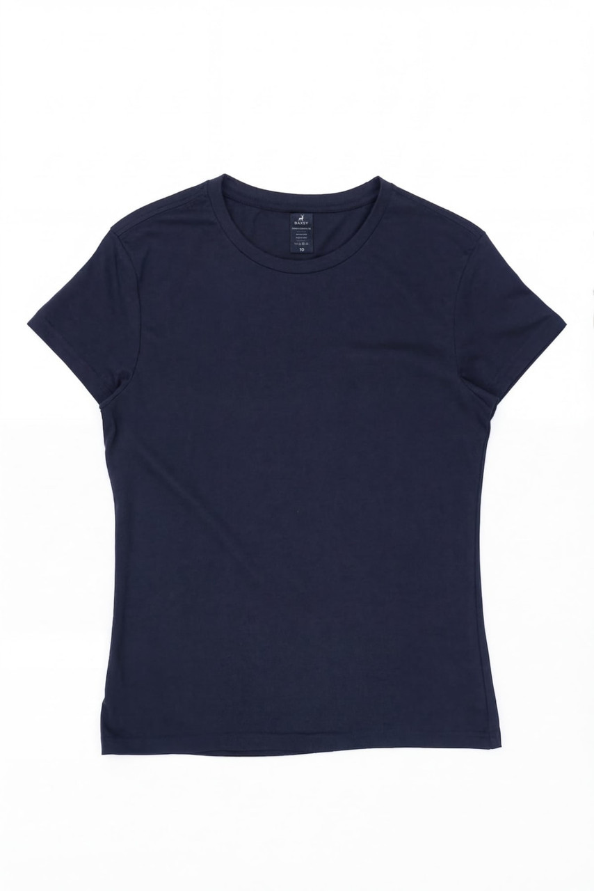 A navy blue women's surf tee with short sleeves and a fitted design. It features a brand logo on the label.