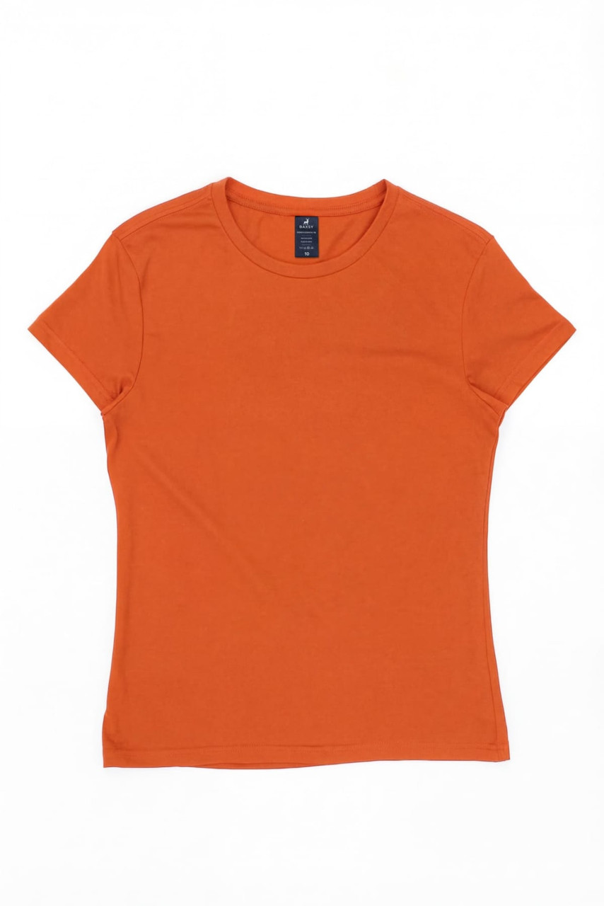An orange women's surf tee with a fitted design and a small logo label on the neckline.