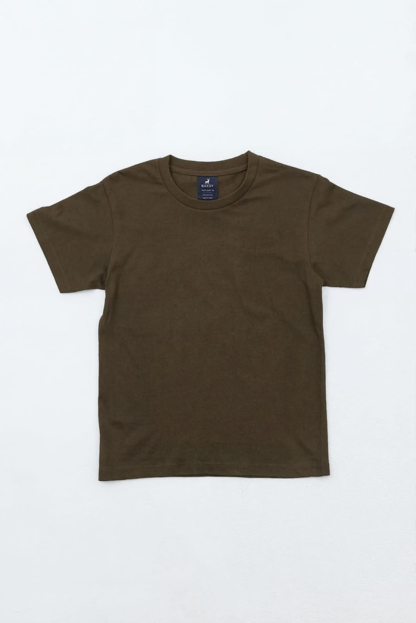 An olive green youth essential tee, featuring short sleeves and a crew neckline, with a logo tag.