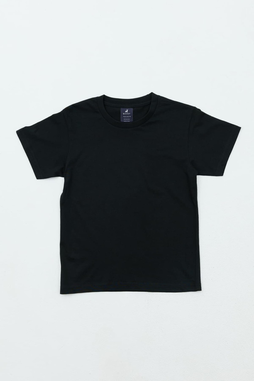 A black youth essential tee displayed flat, featuring a simple design and a branding logo on the label.
