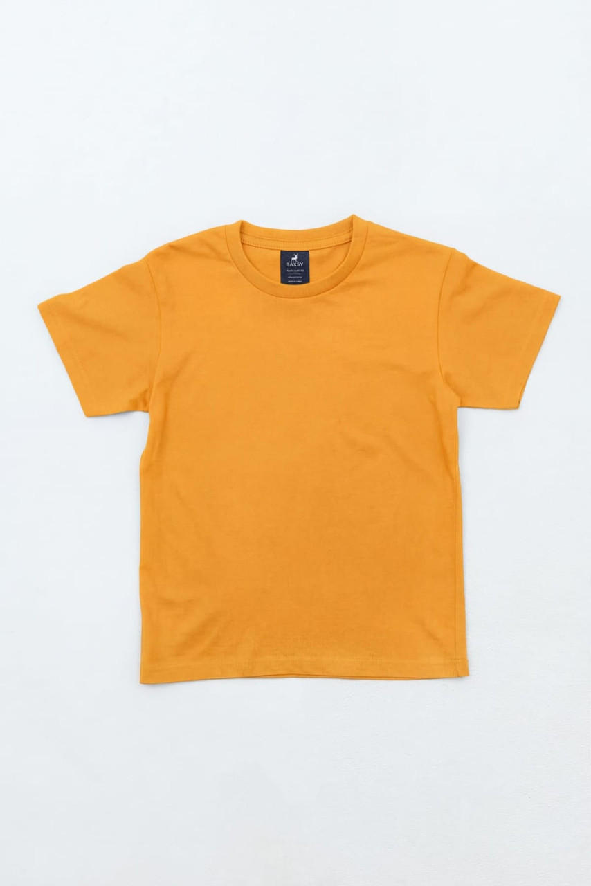 A bright orange youth essential tee with a classic crew neck and short sleeves. It features a logo on the inside.