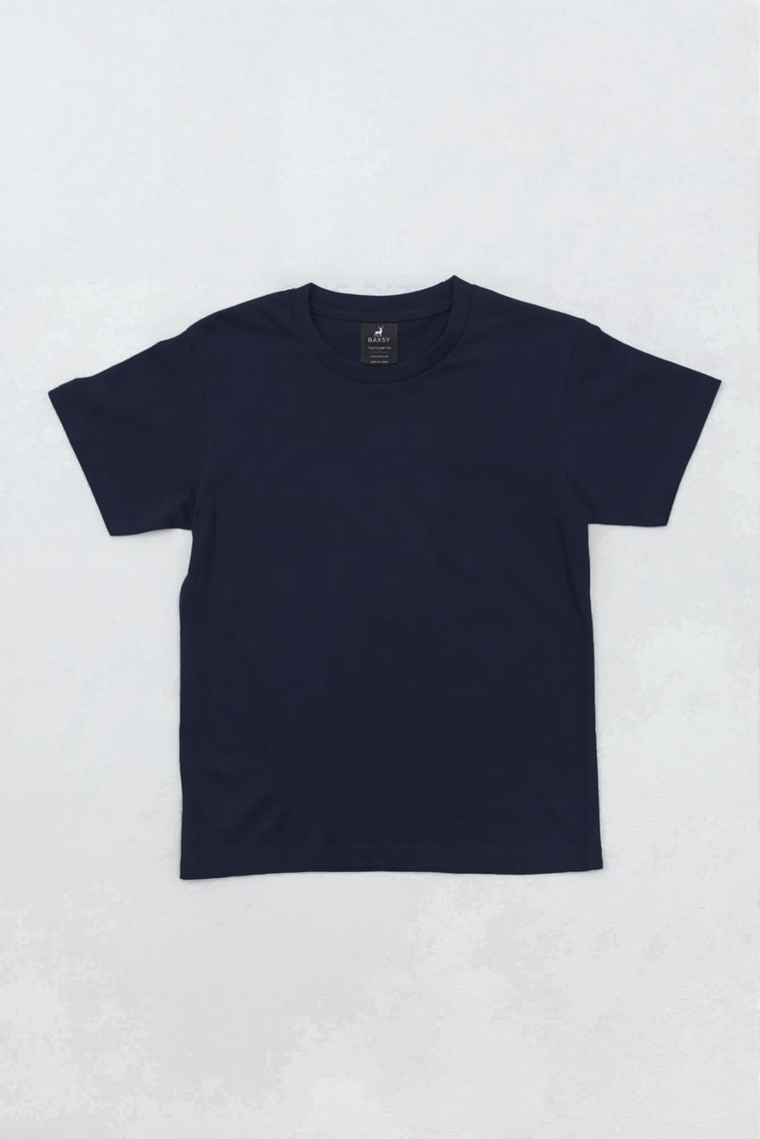 A navy blue t-shirt features short sleeves and a round neck, with a branding label inside.