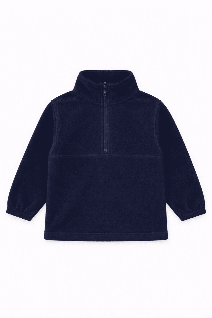 A navy blue polar fleece jacket with a 1/4 zip and long sleeves, featuring a small logo.