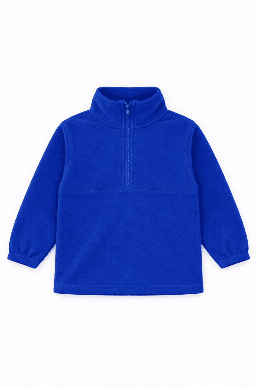 A blue polar fleece 1/4 zip jacket with a high collar and long sleeves, featuring a logo.
