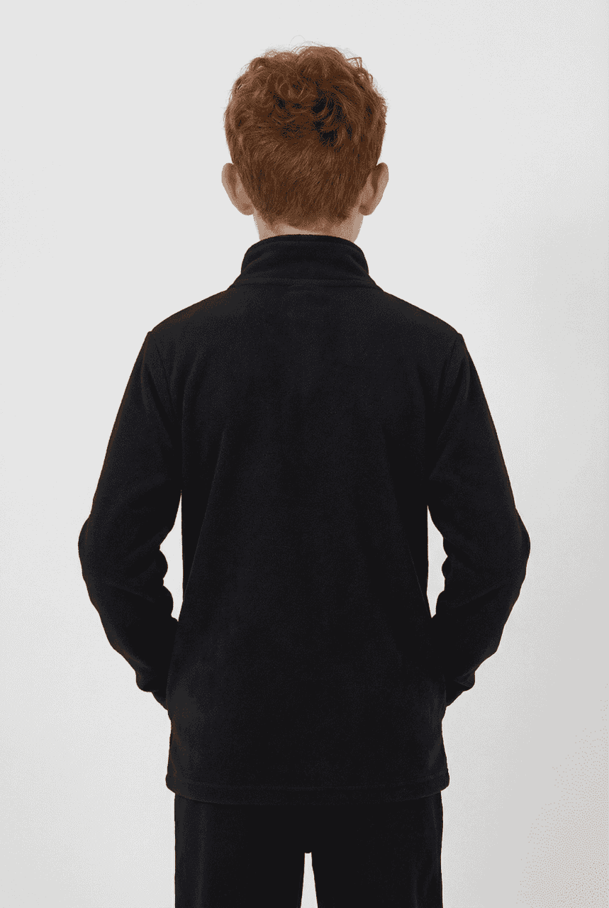 A black Youth Everest Polar Fleece 1/4 Zip jacket, viewed from the back, featuring a high collar and long sleeves.