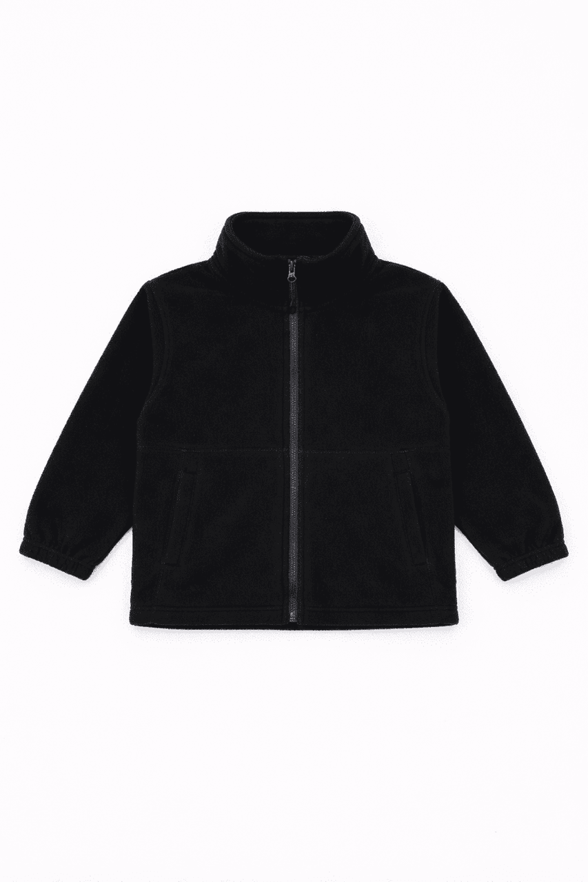 A black polar fleece full zip jacket with a high collar and long sleeves, featuring a logo on the front.
