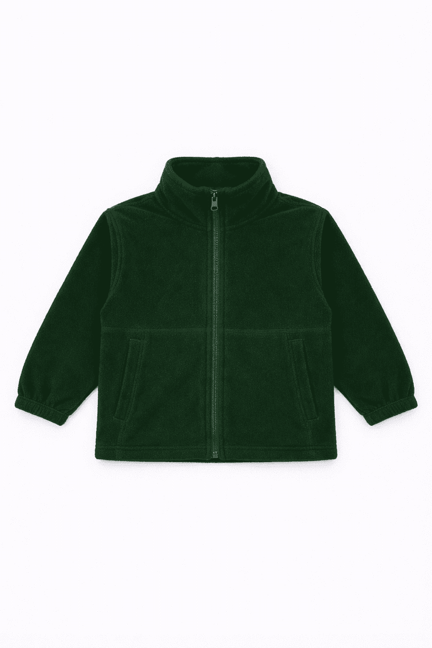 A dark green polar fleece jacket with a full zip, stand-up collar, and two side pockets. Features a logo.