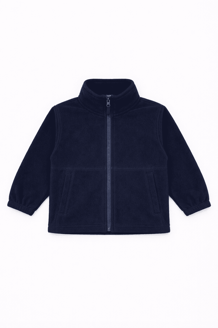 A navy blue youth fleece jacket featuring a full zip and a high collar. It has long sleeves and a logo present.