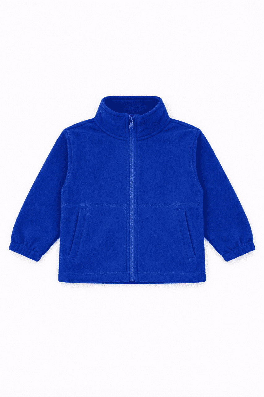 A blue polar fleece jacket with a full zip, featuring long sleeves and two front pockets. It has a logo.