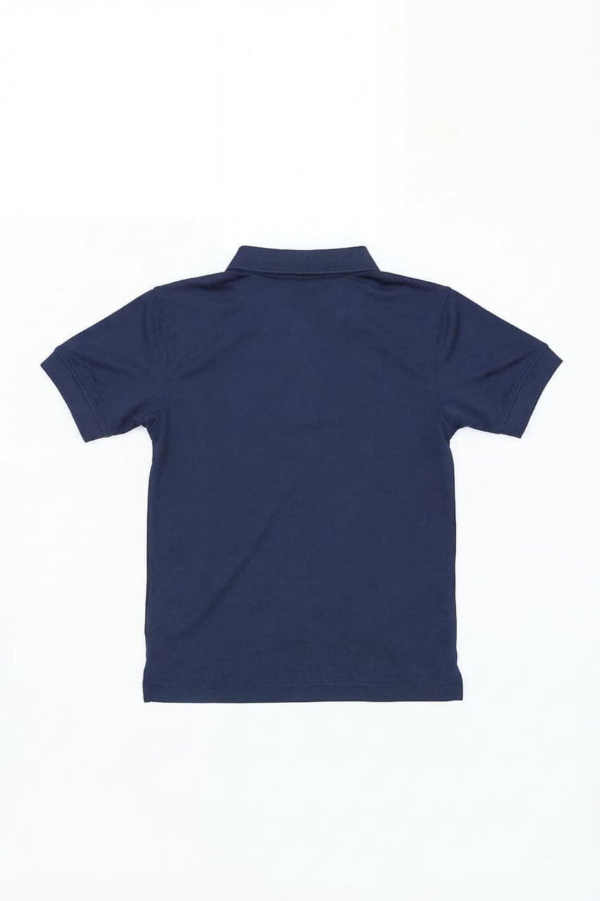 A navy blue Youth Form Polo shirt featuring a classic polo collar and short sleeves. It has a logo on the back.