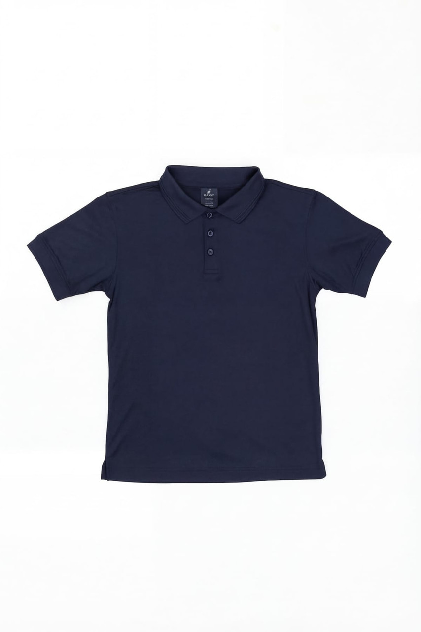 A navy blue polo shirt with a collar and a five-button placket, featuring a branded logo.