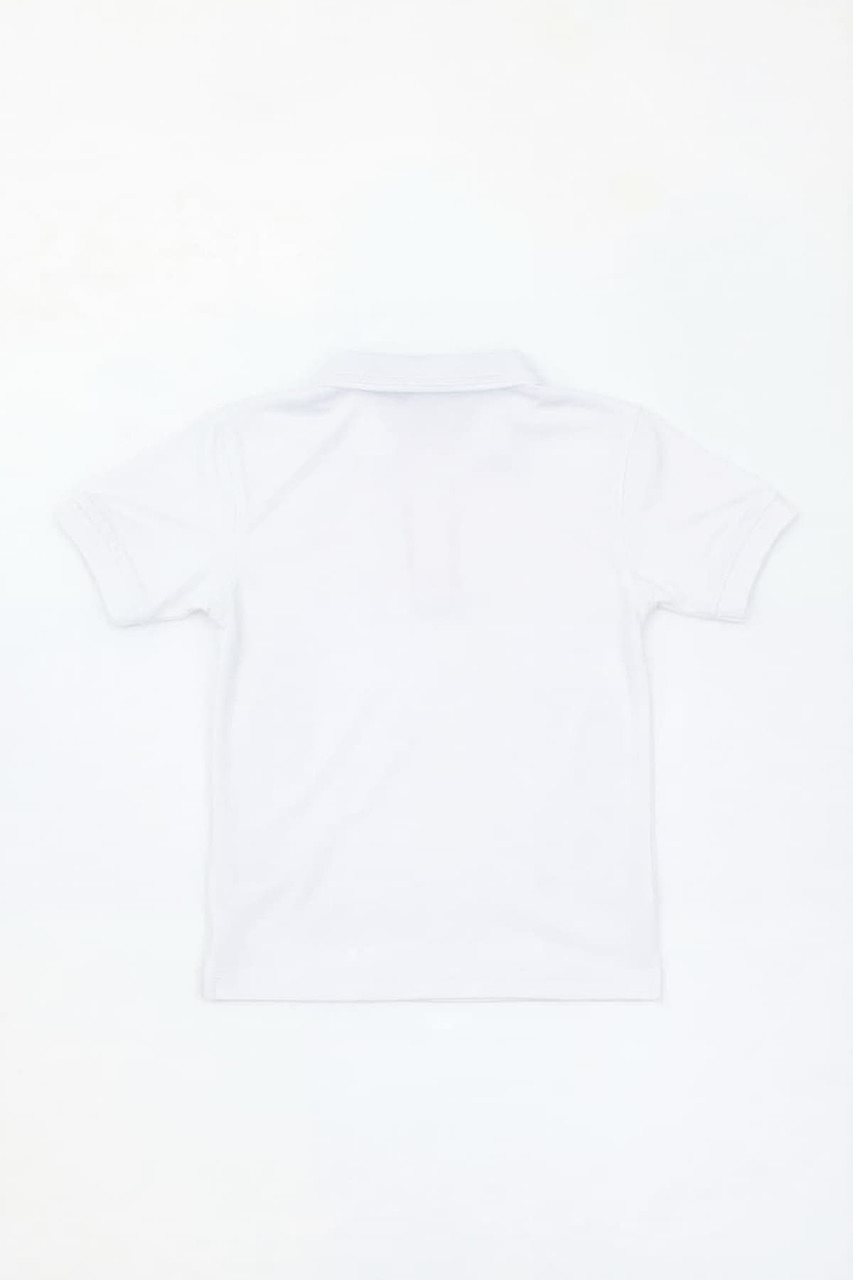 A white polo shirt with short sleeves and a collar, featuring a logo on the back.