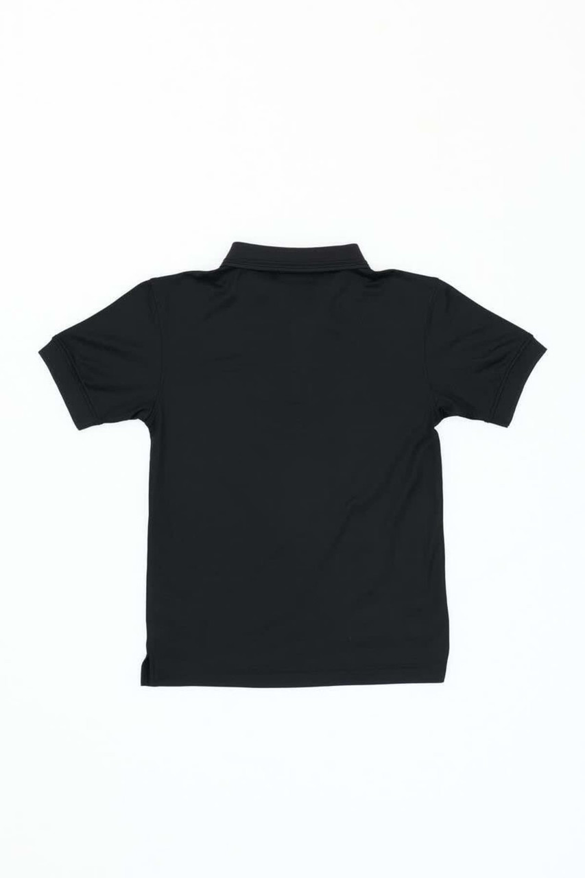 A black youth polo shirt with a classic collar and short sleeves, featuring a logo on the back.
