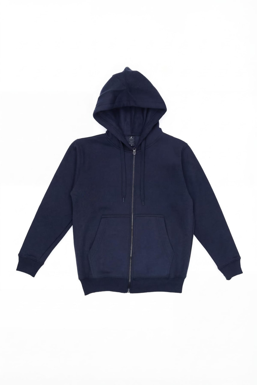 A navy blue zip hoodie with a hood and front pockets, featuring a logo.