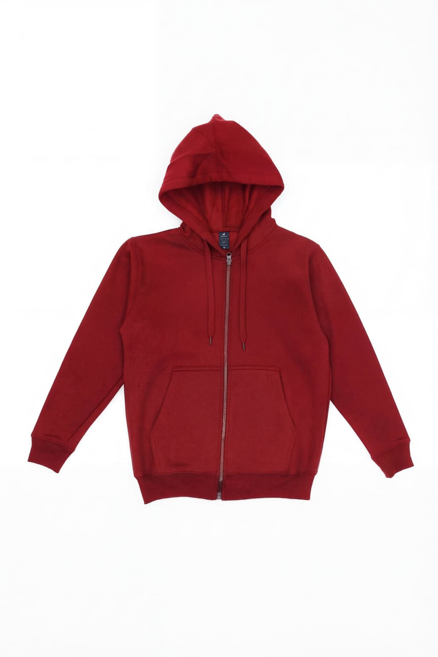 A red zip-up hoodie with a hood and front pockets, featuring a small logo.