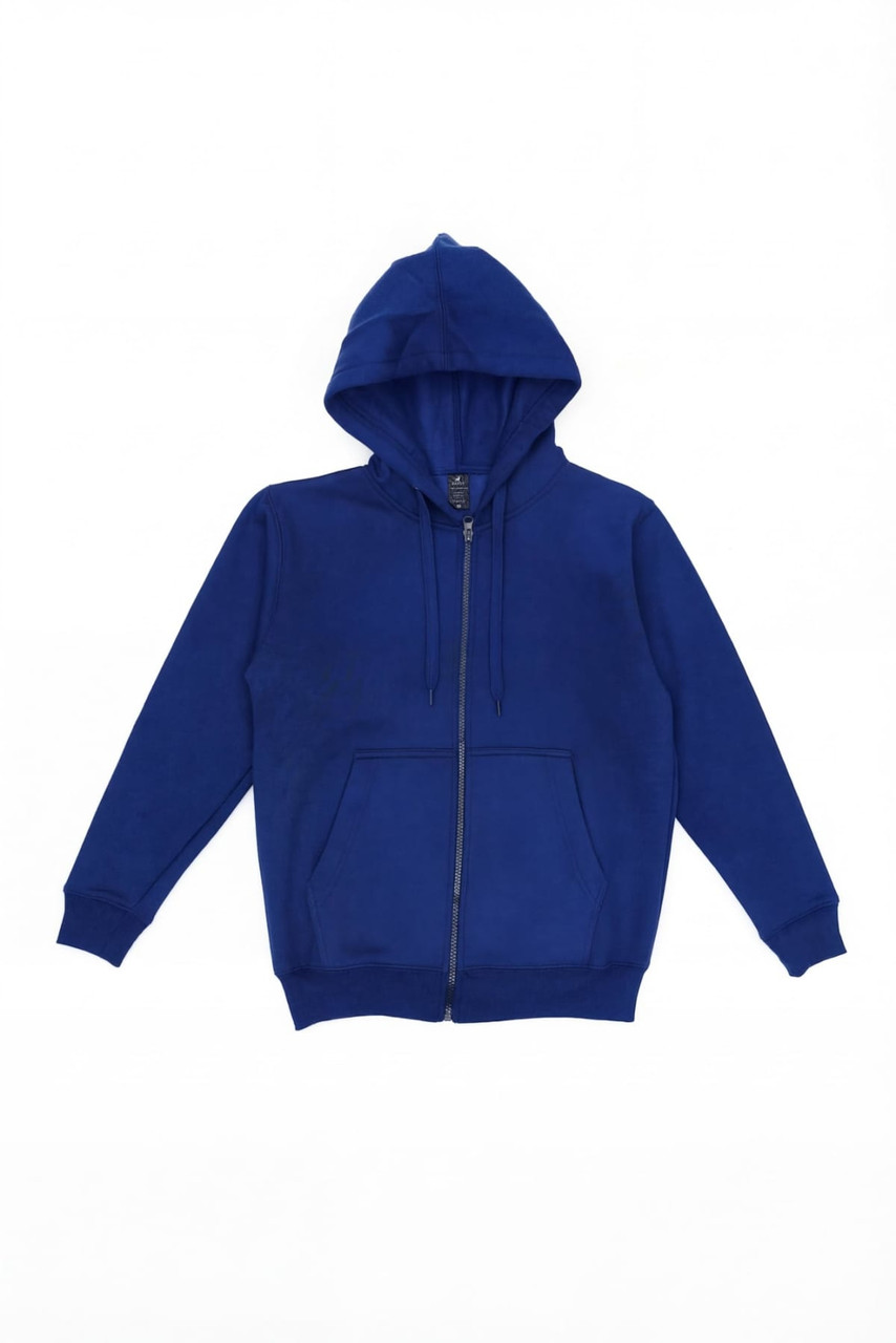 A blue zip-up hoodie with a hood and front pockets, featuring a logo on the label.