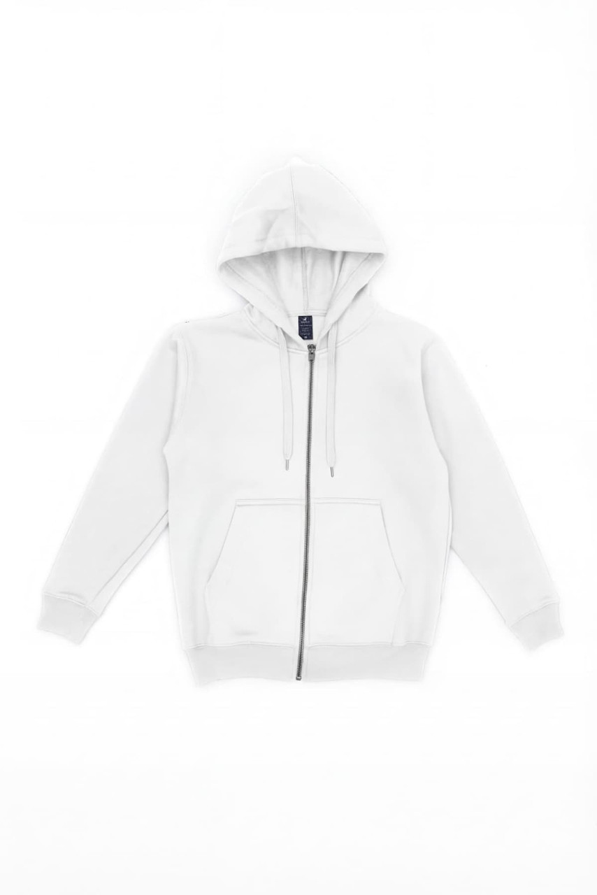 A white zip-up hoodie featuring a hood and front pockets, with a logo on the fabric.