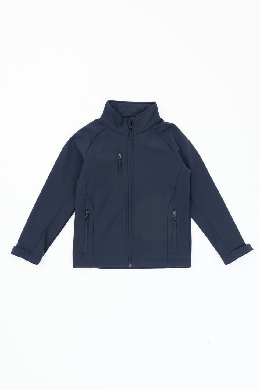 A navy blue softshell jacket featuring a zip front and two side pockets. It has a collar and zipper detailing.