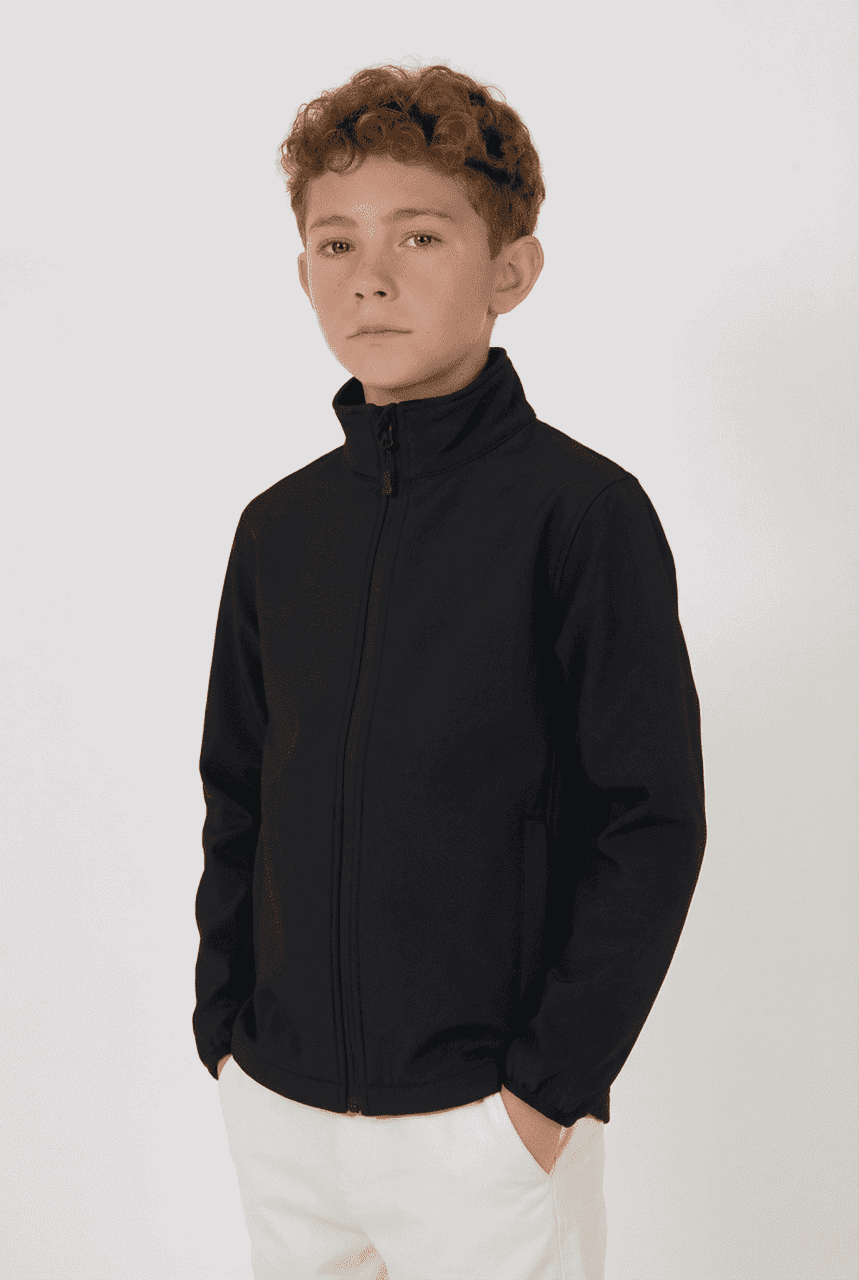 A black softshell jacket for youth with a zip front and stand-up collar, featuring branding.