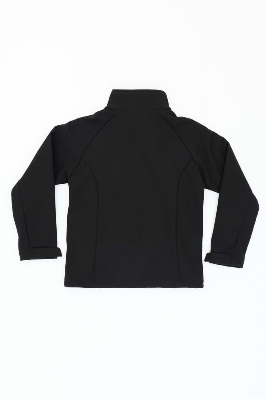 A black softshell jacket with a high collar and long sleeves, featuring a logo.
