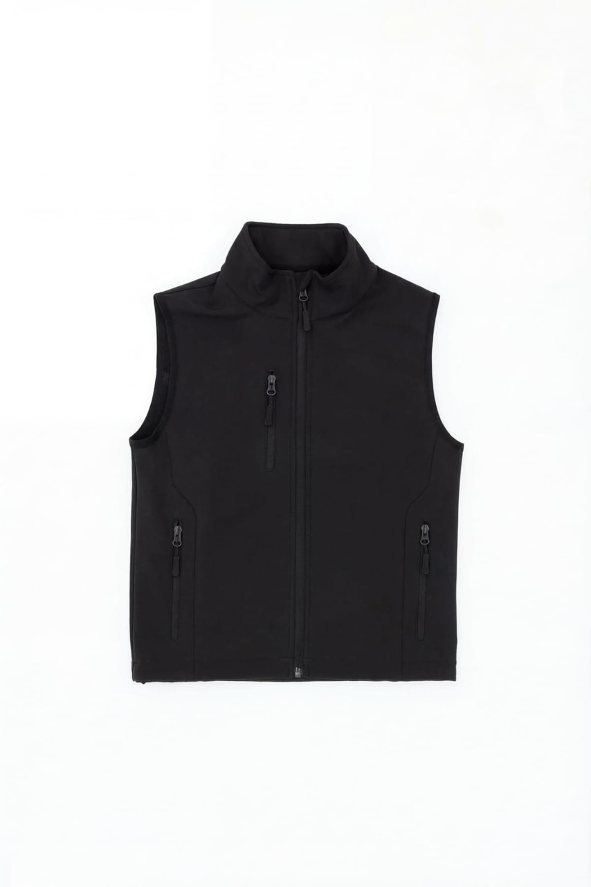 A black softshell vest featuring a stand-up collar and multiple zippered pockets, accompanied by a logo.
