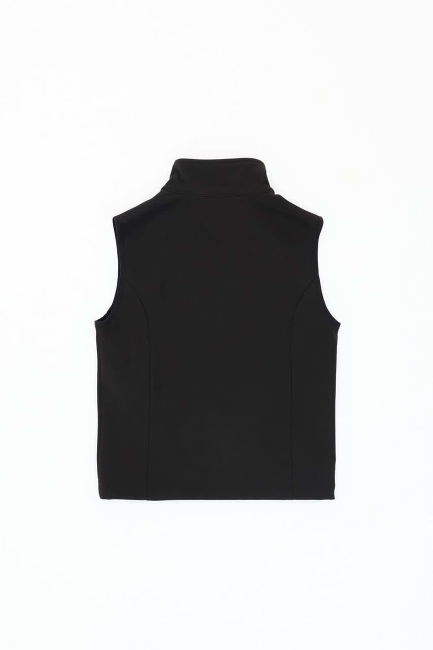 A black softshell vest with a high collar and a logo on the back, designed for youth.