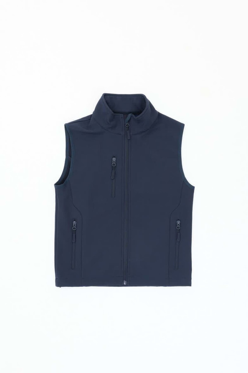 A navy softshell vest featuring a zip-up front and two zippered side pockets, with a logo on the design.